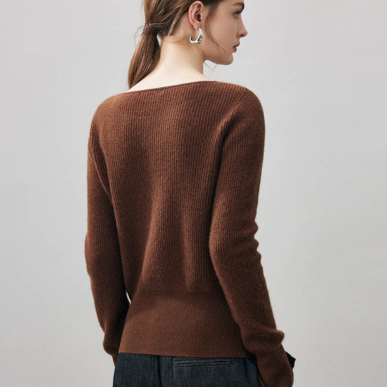 COMOBOCA 100% Cashmere Women's Round Neck Button Ribbed Knit Sweater