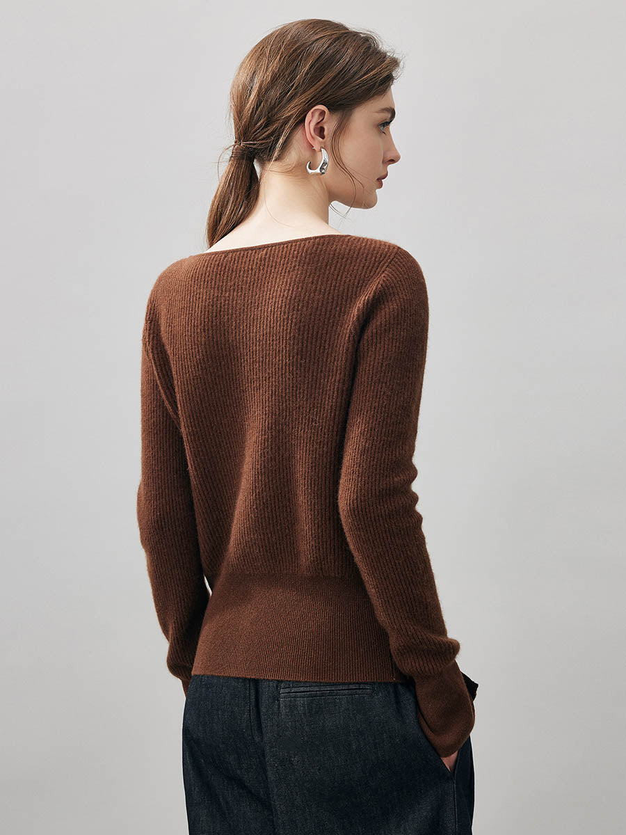 COMOBOCA 100% Cashmere Women's Round Neck Button Ribbed Knit Sweater