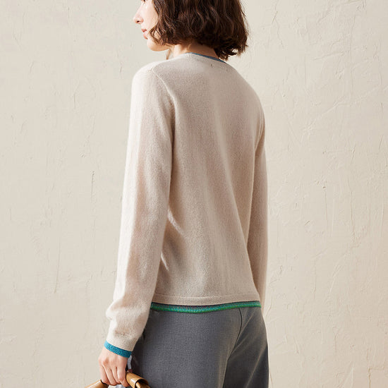 COMOBOCA 100% Cashmere Women's Color Accented Knit Pullover Sweater