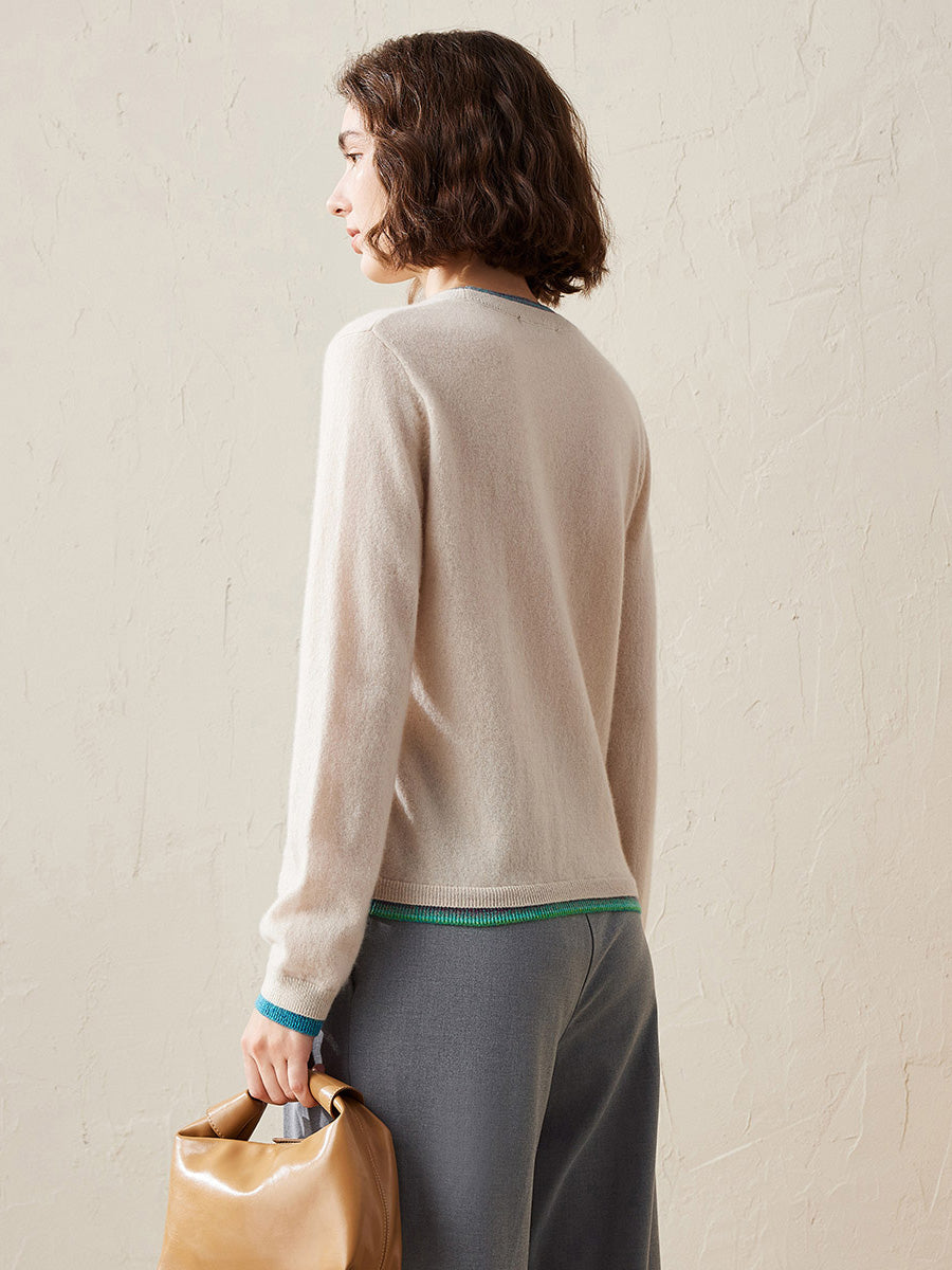 COMOBOCA 100% Cashmere Women's Color Accented Knit Pullover Sweater