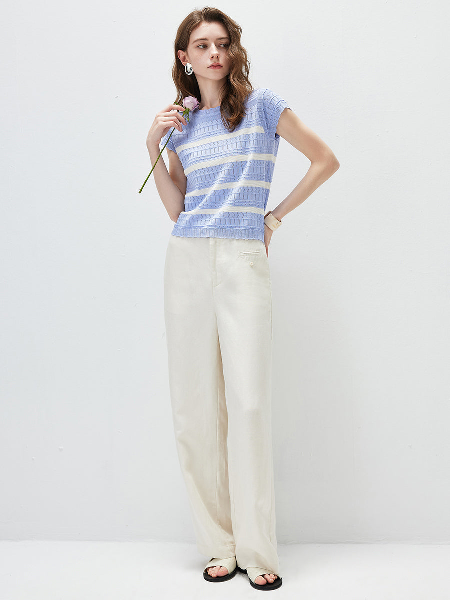 COMOBOCA Women's Cap Sleeve Striped Openwork Knit T-Shirt