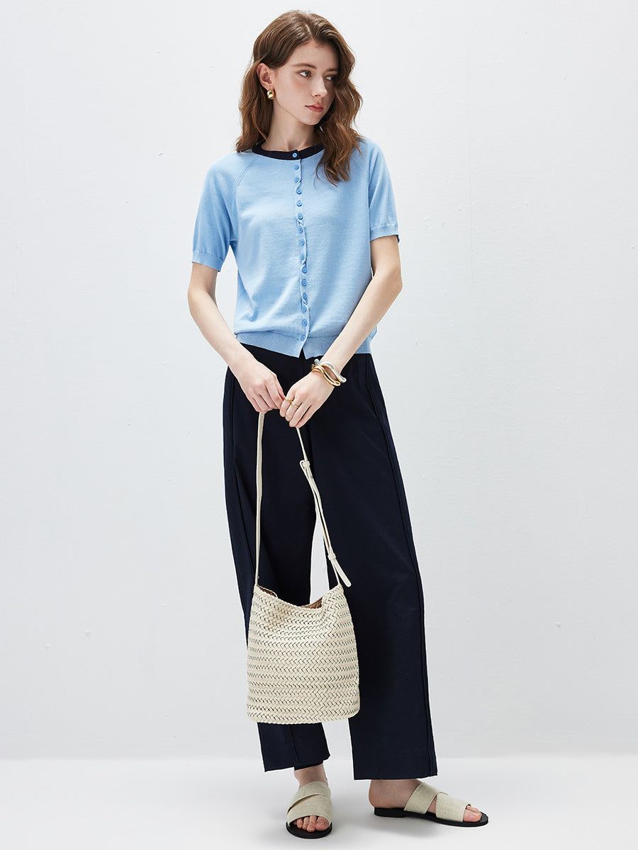 COMOBOCA Women's Contrast Trim Button Front Knit Cardigan