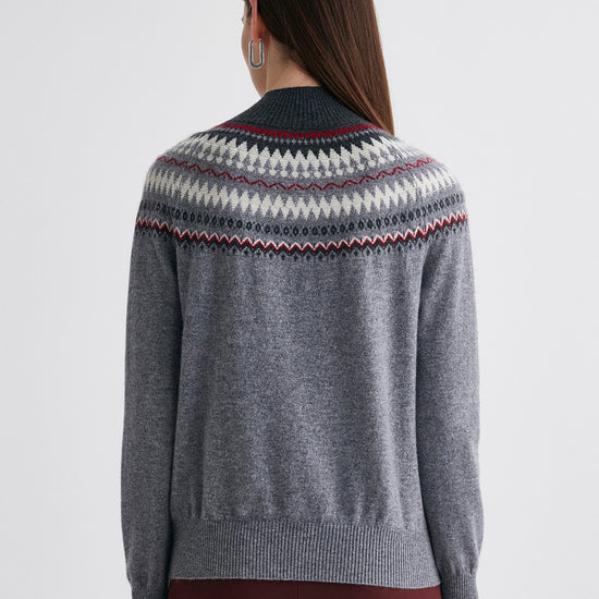 COMOBOCA 100% Cashmere Women's Fair Isle Mock Neck Button Front Sweater