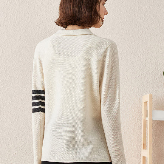 COMOBOCA 100% Cashmere Women's Striped Sleeve Knit Pocket Cardigan