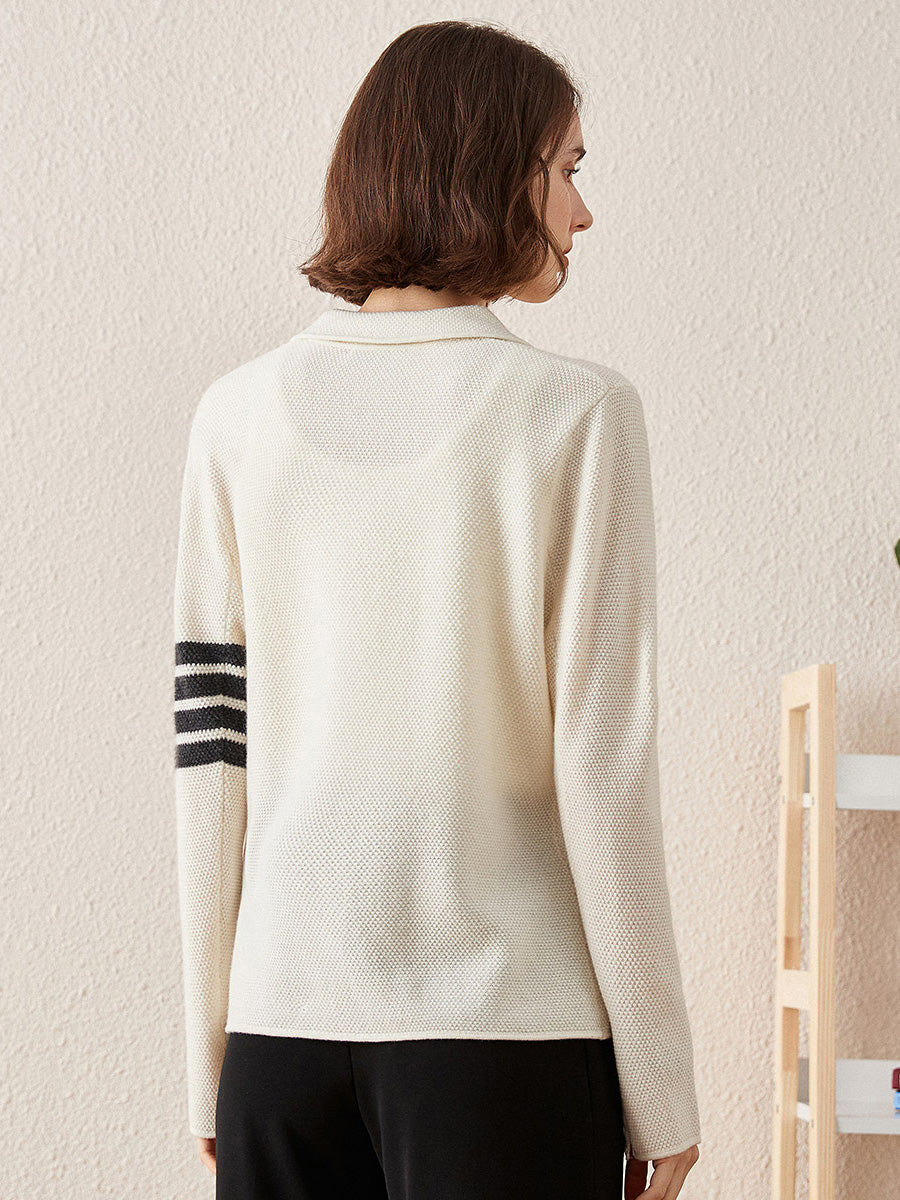 COMOBOCA 100% Cashmere Women's Striped Sleeve Knit Pocket Cardigan