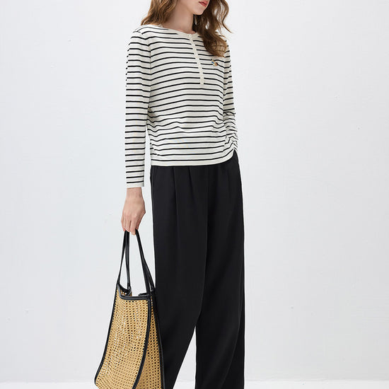 COMOBOCA Women's Striped Henley Button Knit Sweater