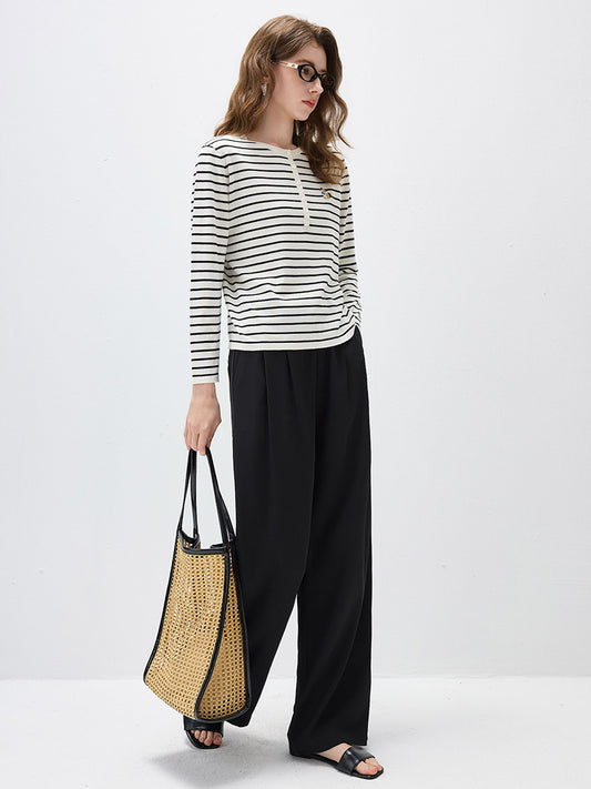 COMOBOCA Women's Striped Henley Button Knit Sweater