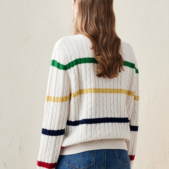 COMOBOCA 100% Wool Women's Colorful Striped Cable Knit Sweater