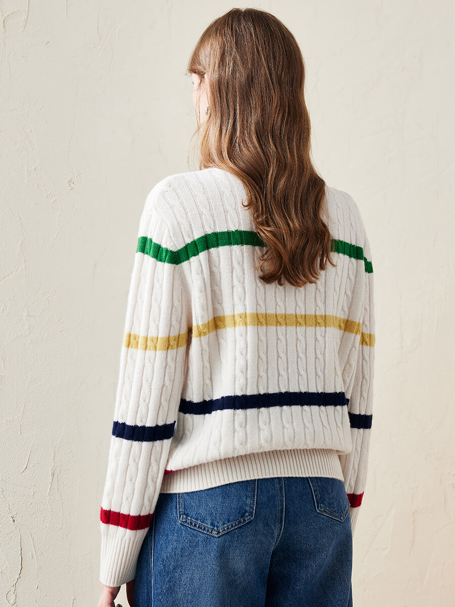 COMOBOCA 100% Wool Women's Colorful Striped Cable Knit Sweater