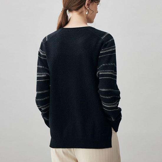 COMOBOCA 100% Cashmere Women's Striped Sleeve Round Neck Sweater