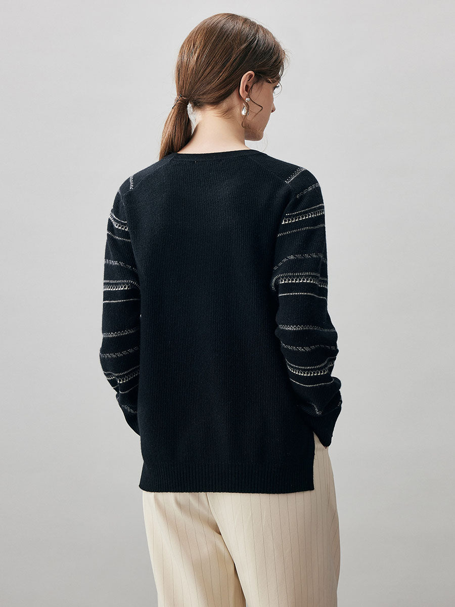 COMOBOCA 100% Cashmere Women's Striped Sleeve Round Neck Sweater