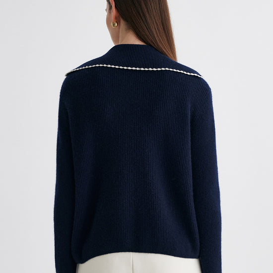 COMOBOCA 100% Cashmere Women's Contrast Trimmed Collared Knit Cardigan