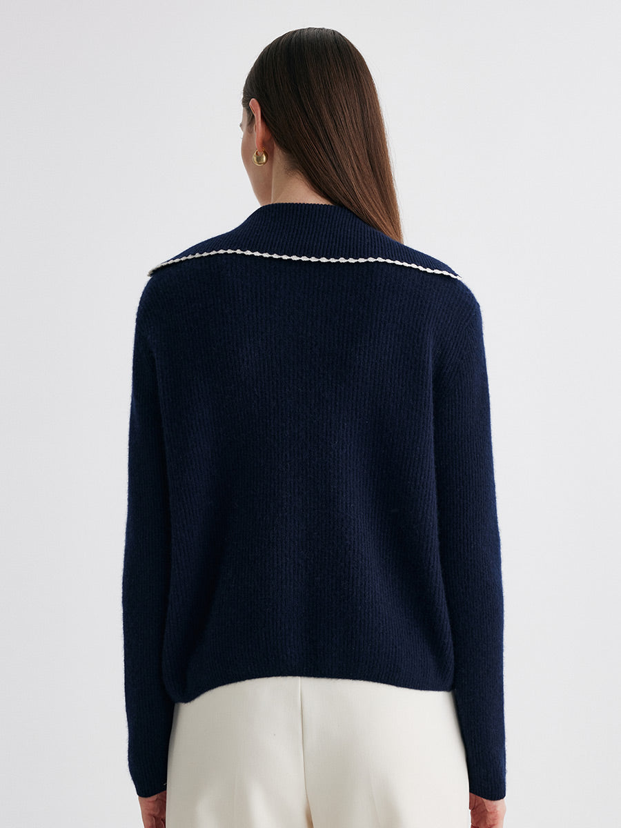 COMOBOCA 100% Cashmere Women's Contrast Trimmed Collared Knit Cardigan