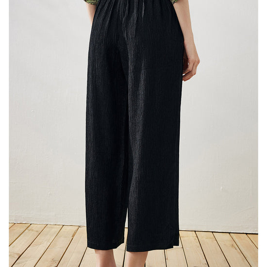 COMOBOCA Women's Elastic Waistband Crinkled Wide Leg Pants