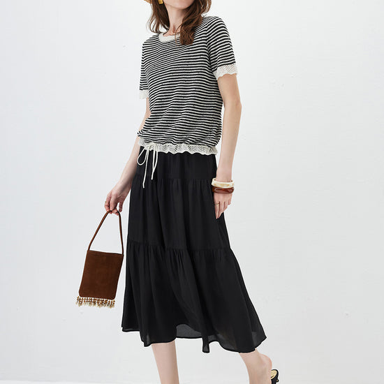 COMOBOCA Women's Drawstring Striped Lace Trim Knit T-Shirt