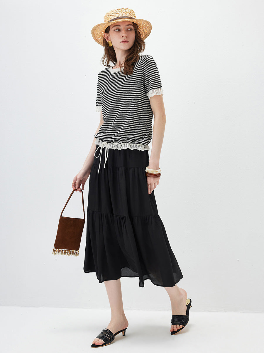 COMOBOCA Women's Drawstring Striped Lace Trim Knit T-Shirt
