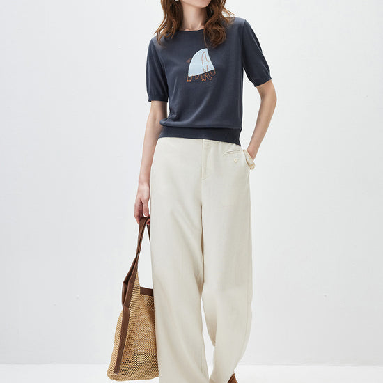 COMOBOCA Women's Elephant Intarsia Ribbed Knit T-Shirt