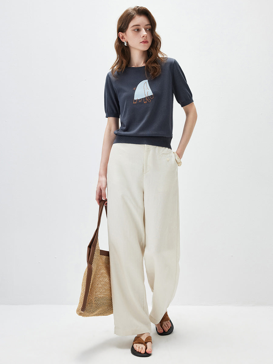 COMOBOCA Women's Elephant Intarsia Ribbed Knit T-Shirt