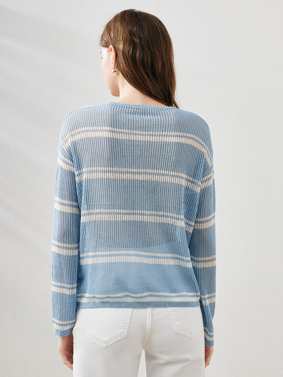 COMOBOCA Women's Striped Ribbed Round Neck Sweater