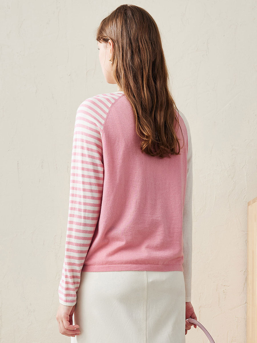 COMOBOCA 100% Wool Women's Striped Sleeve Contrast Knit Worsted Sweater