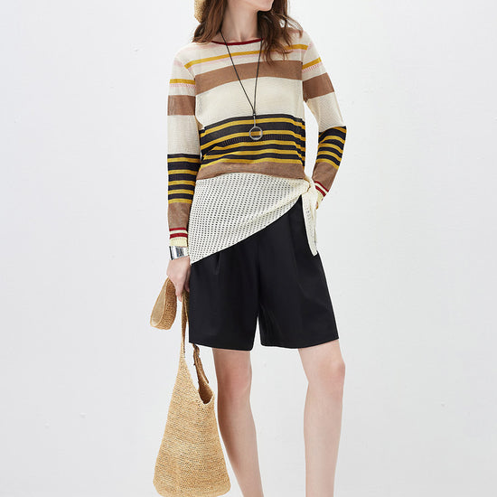 COMOBOCA Women's Multi Striped Mesh Knit Round Neck Sweater