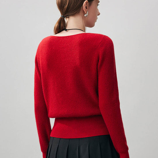 COMOBOCA 100% Cashmere Women's Round Neck Button Ribbed Knit Sweater