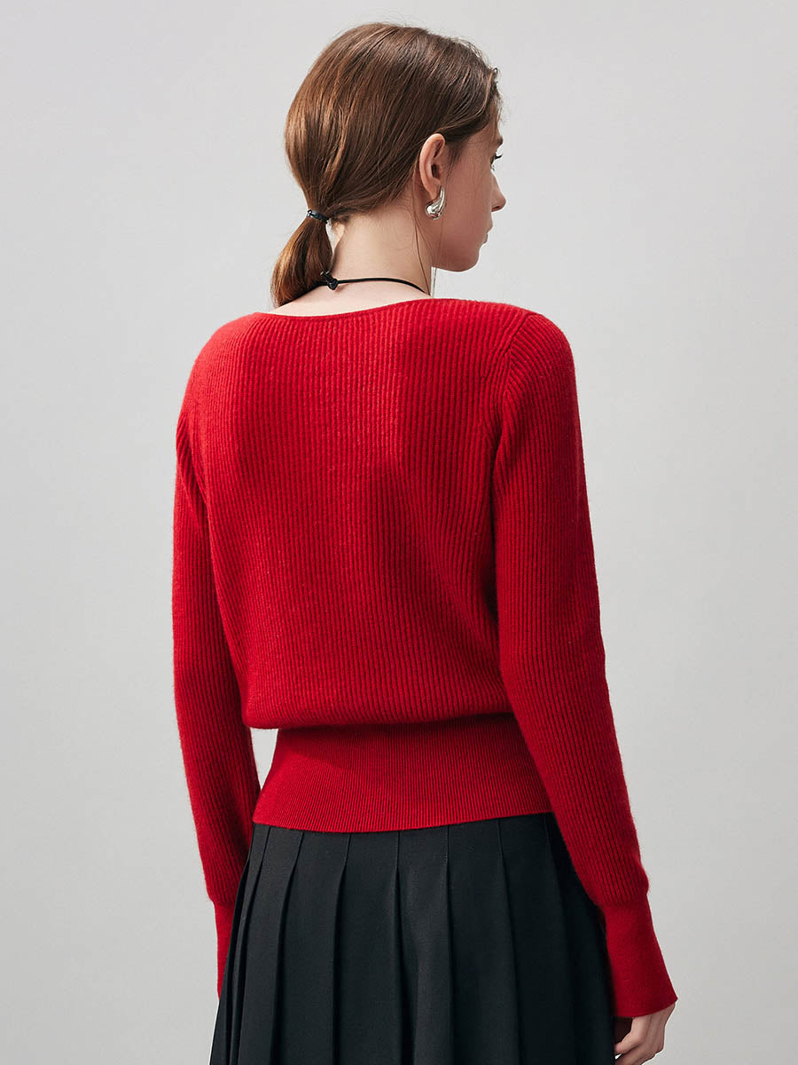 COMOBOCA 100% Cashmere Women's Round Neck Button Ribbed Knit Sweater