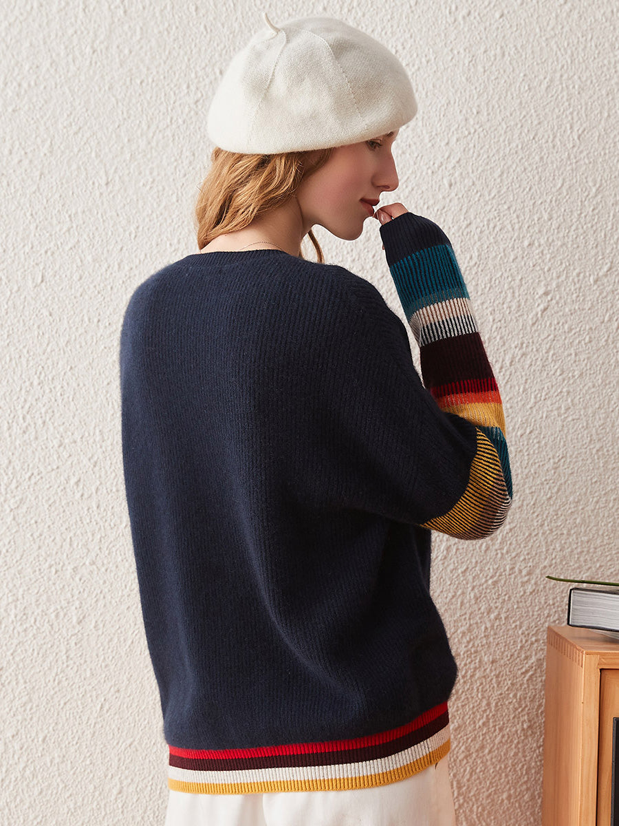 COMOBOCA 100% Cashmere Women's Striped Round Neck Sweater