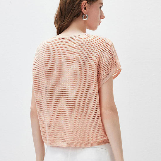 COMOBOCA Women's Openwork Mesh Knit Button Front Top