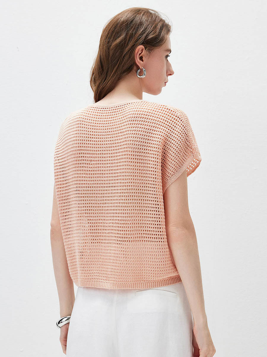 COMOBOCA Women's Openwork Mesh Knit Button Front Top