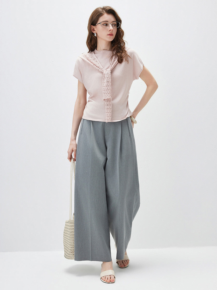 COMOBOCA Women's Side Ruched Mock Neck Knit T-Shirt