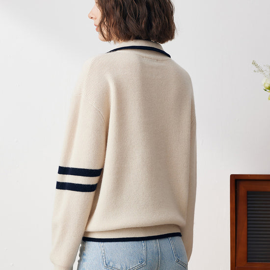 COMOBOCA 100% Cashmere Women's Contrast Trim Zip Sweater