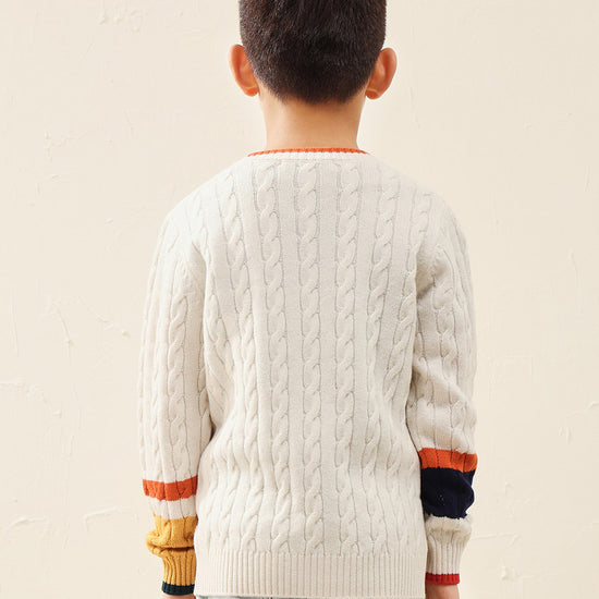 COMOBOCA 100% Wool Kids' Cable Knit Sweater with Color Block Detail