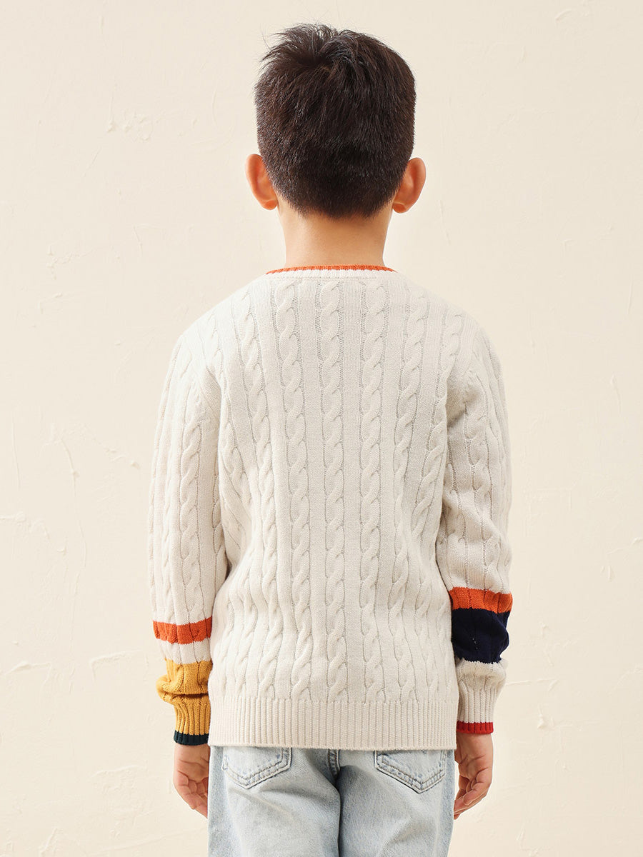 COMOBOCA 100% Wool Kids' Cable Knit Sweater with Color Block Detail