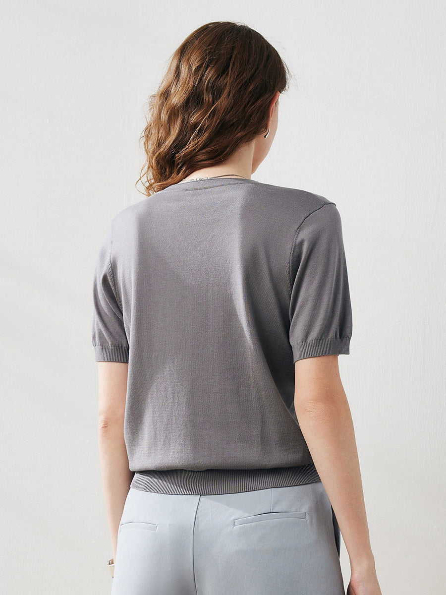 COMOBOCA Women's Lyocell V-Neck Ribbed Knit T-Shirt