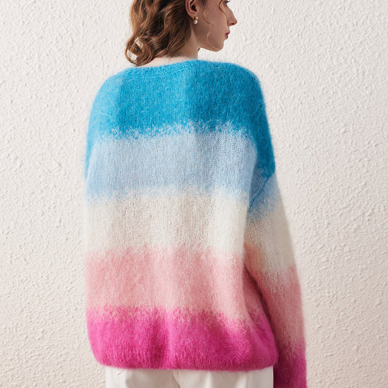 COMOBOCA Women's Mohair Gradient Color Block Fluffy Knit Sweater