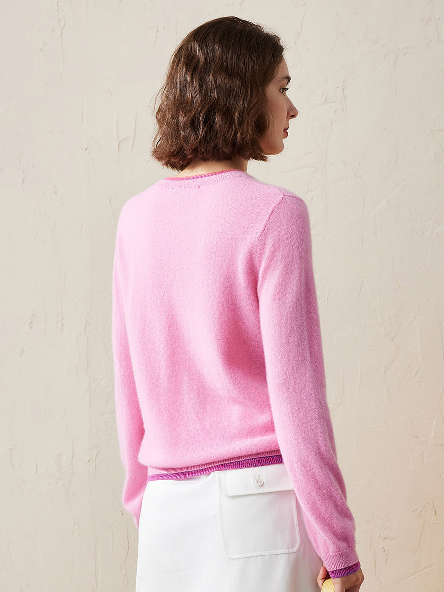 COMOBOCA 100% Cashmere Women's Color Accented Knit Pullover Sweater