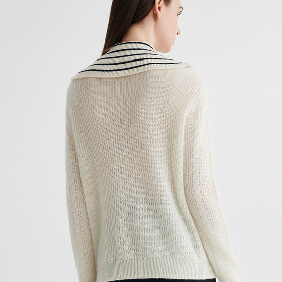 COMOBOCA 100% Cashmere Women's Cable Half Zip Striped Collar Sweater