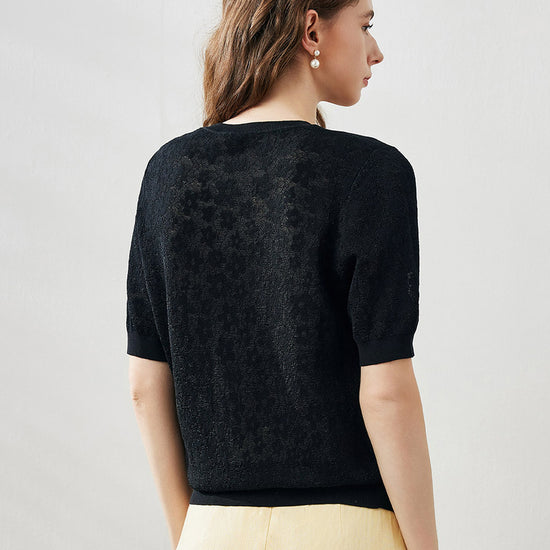 COMOBOCA Women's Cotton Silk Versatile Floral Lace Knit T-Shirt