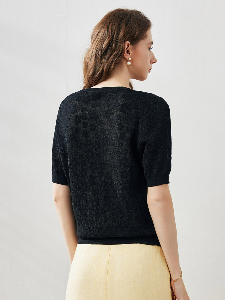 COMOBOCA Women's Cotton Silk Versatile Floral Lace Knit T-Shirt