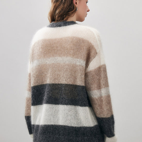 COMOBOCA Women's Mohair Striped Round Neck Sweater