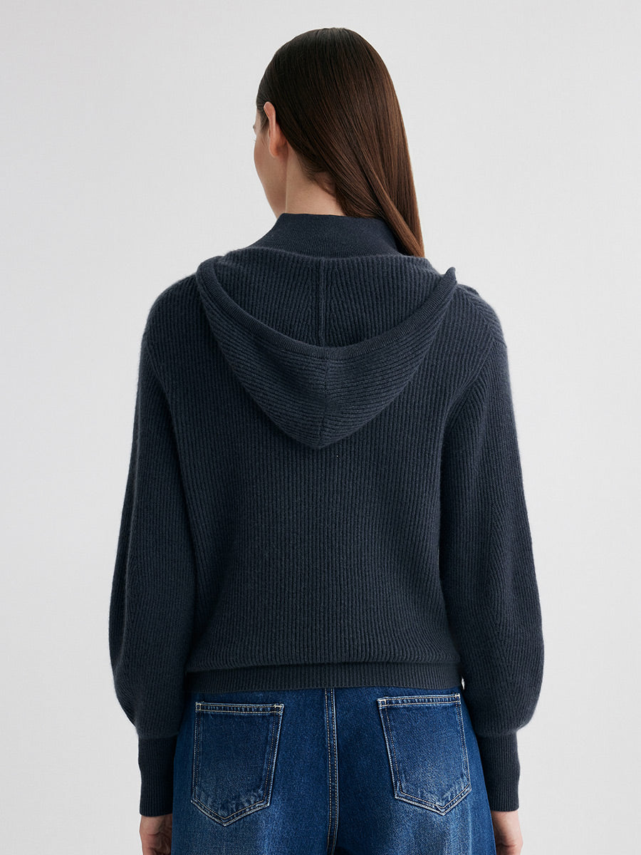 COMOBOCA 100% Cashmere Women's Ribbed Knit Hoodie