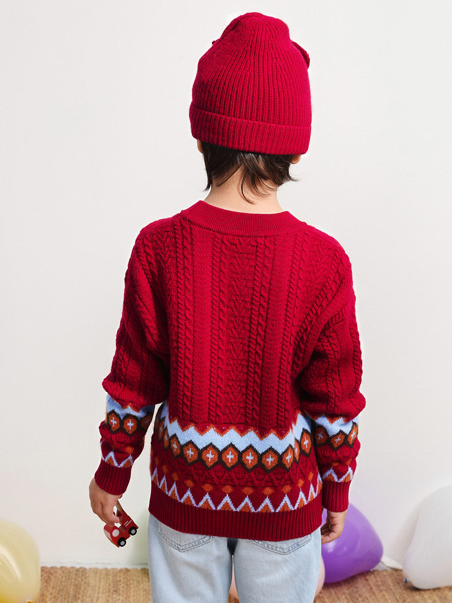 COMOBOCA 100% Wool Kids' Round Neck Striped Cable Knit Sweater