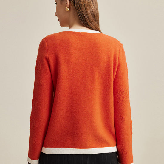 COMOBOCA 100% Wool Women's Contrast Trim Floral Embroidery Cardigan