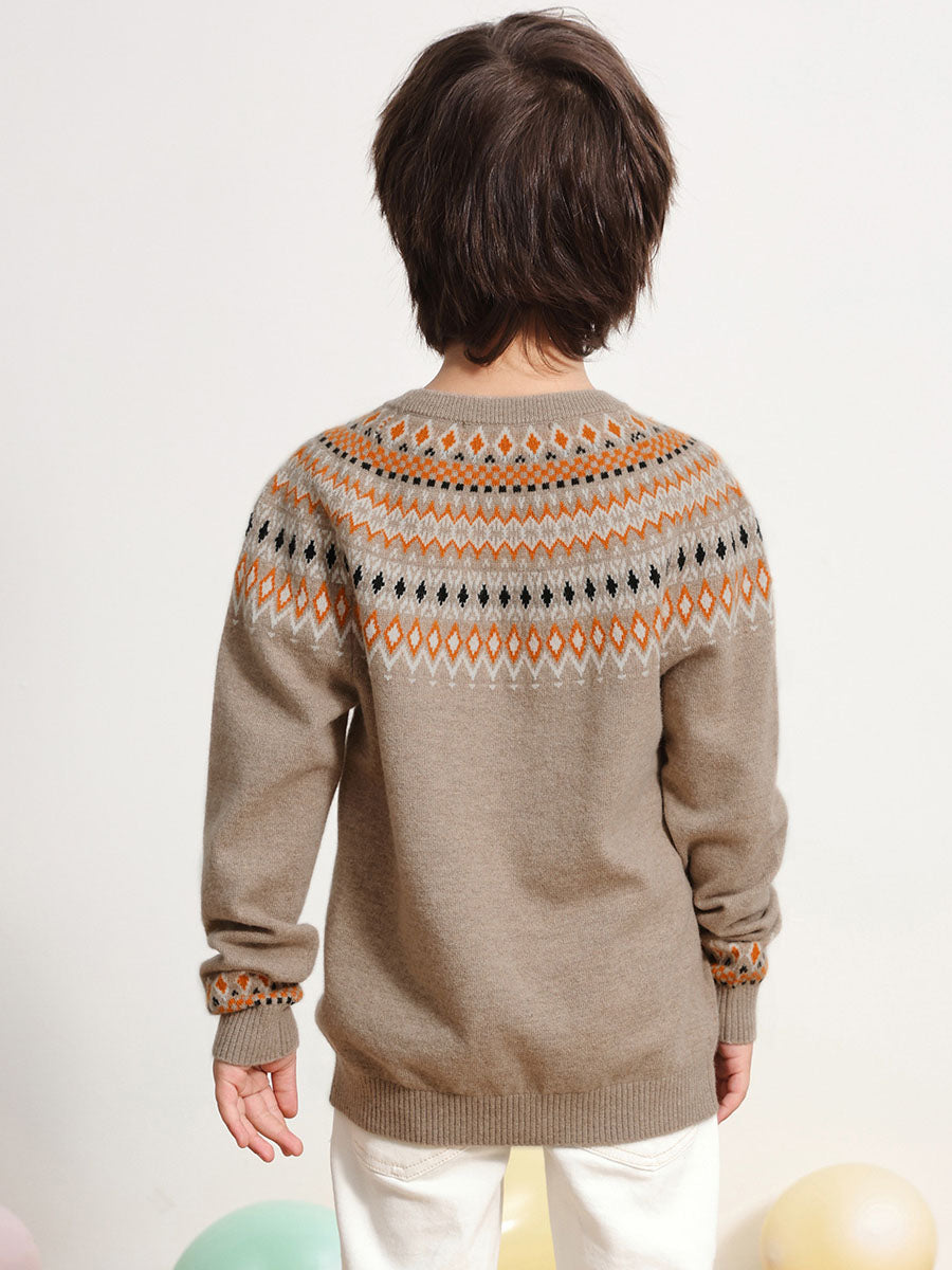 COMOBOCA 100% Wool Kids' Fair Isle Round Neck Sweater