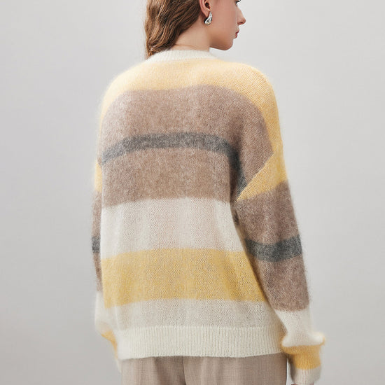 COMOBOCA Women's Mohair Striped Round Neck Sweater
