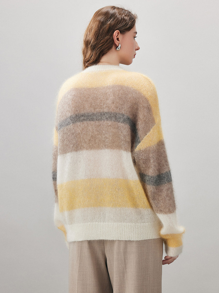 COMOBOCA Women's Mohair Striped Round Neck Sweater