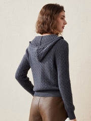 COMOBOCA 100% Cashmere Women's Cable Knit Hooded Cardigan