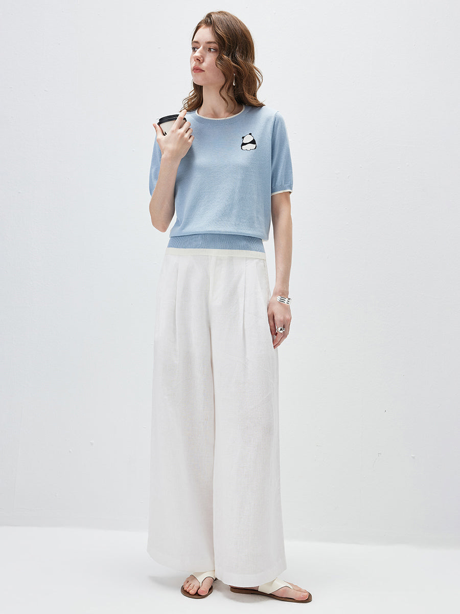 COMOBOCA Women's Panda Motif Contrast Trim Knit T-Shirt