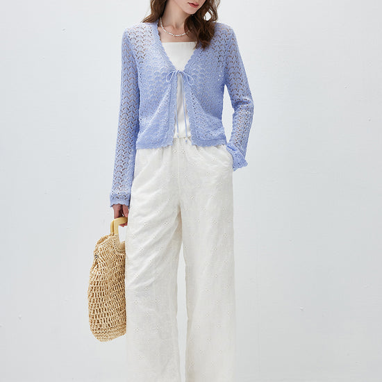 COMOBOCA Women's Linen Lace Knit Tie Front Cardigan